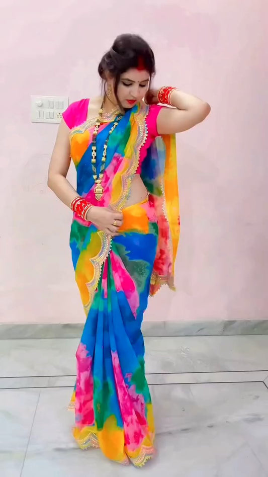 Premium Shibori Paint Chiffon Saree with Heavy Coding