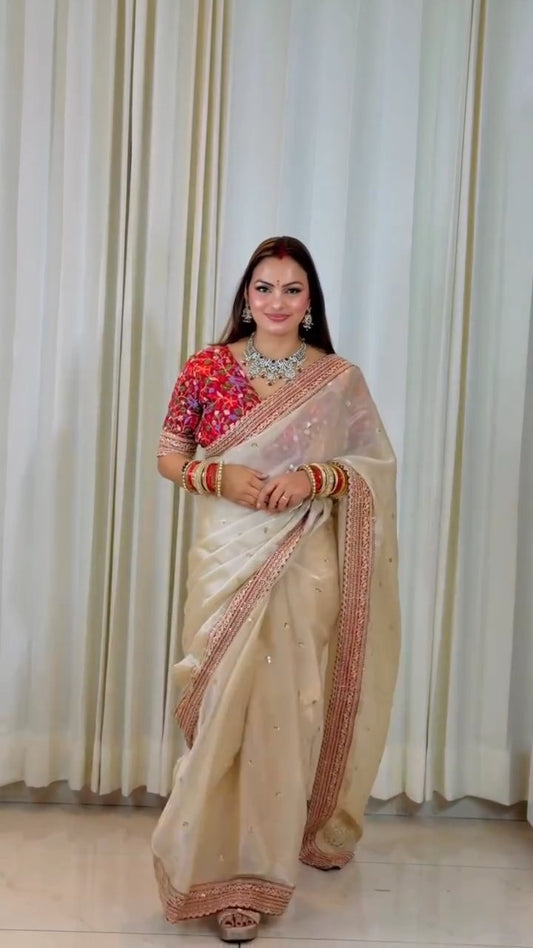 Pure Soft Zimmy Choo Silk Saree with Heavy Multi-Thread Embroidery & Sequin Work