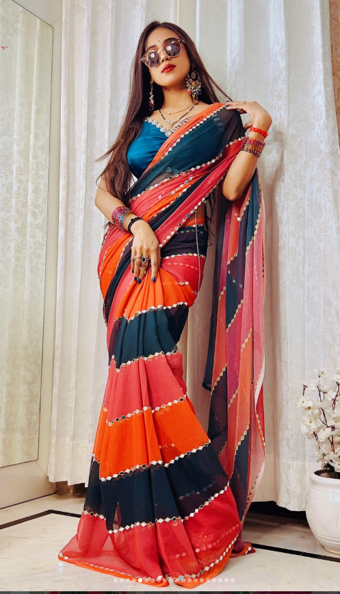 Bollywood Blockbuster Original Mirror Work Faux Georgette Saree