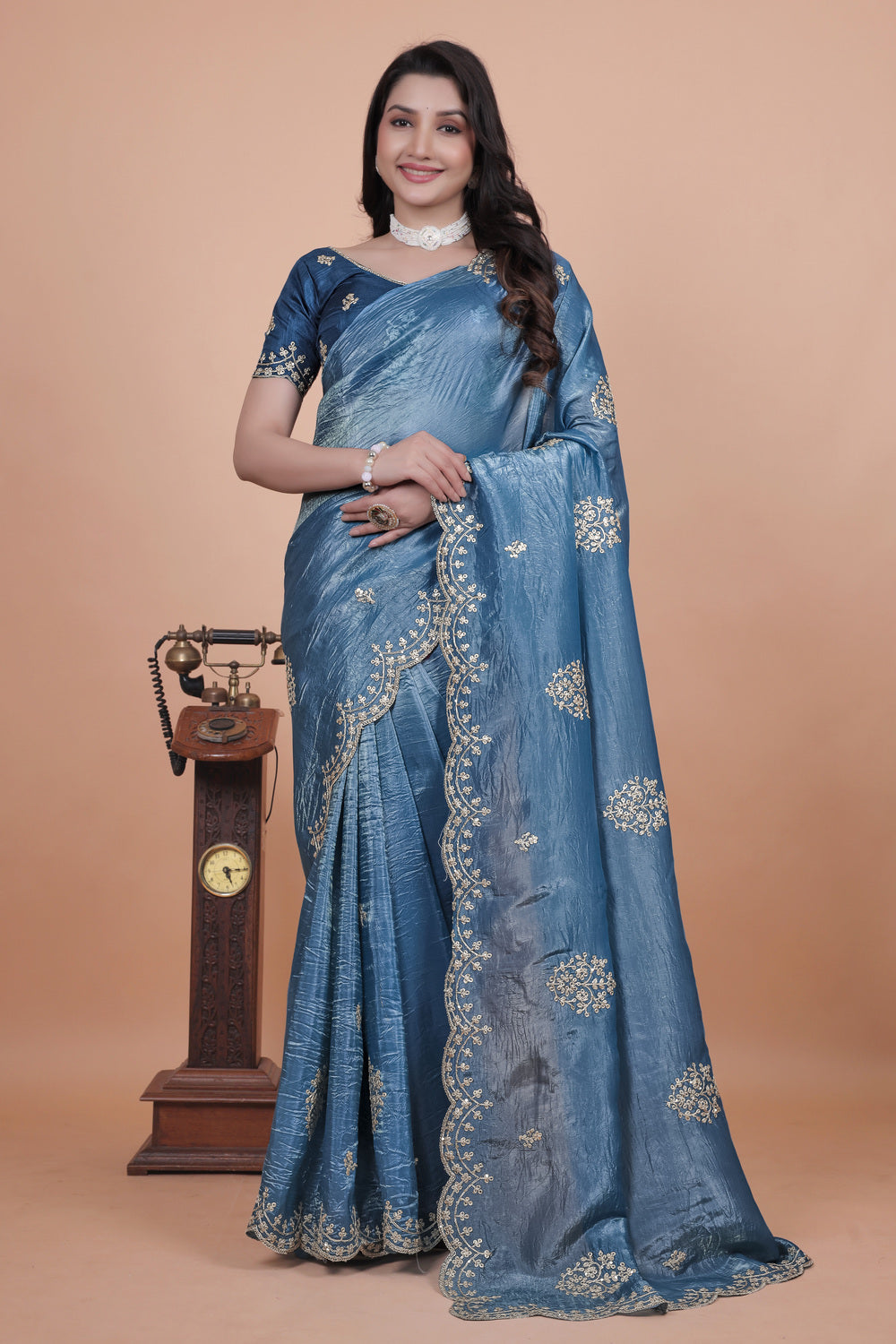 golden cording embroidery work Wedding Saree