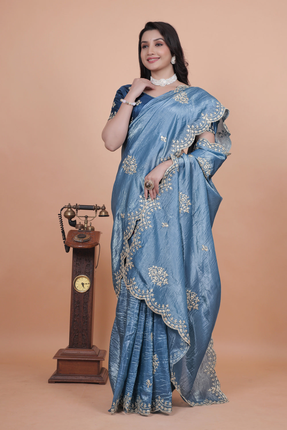 golden cording embroidery work Wedding Saree