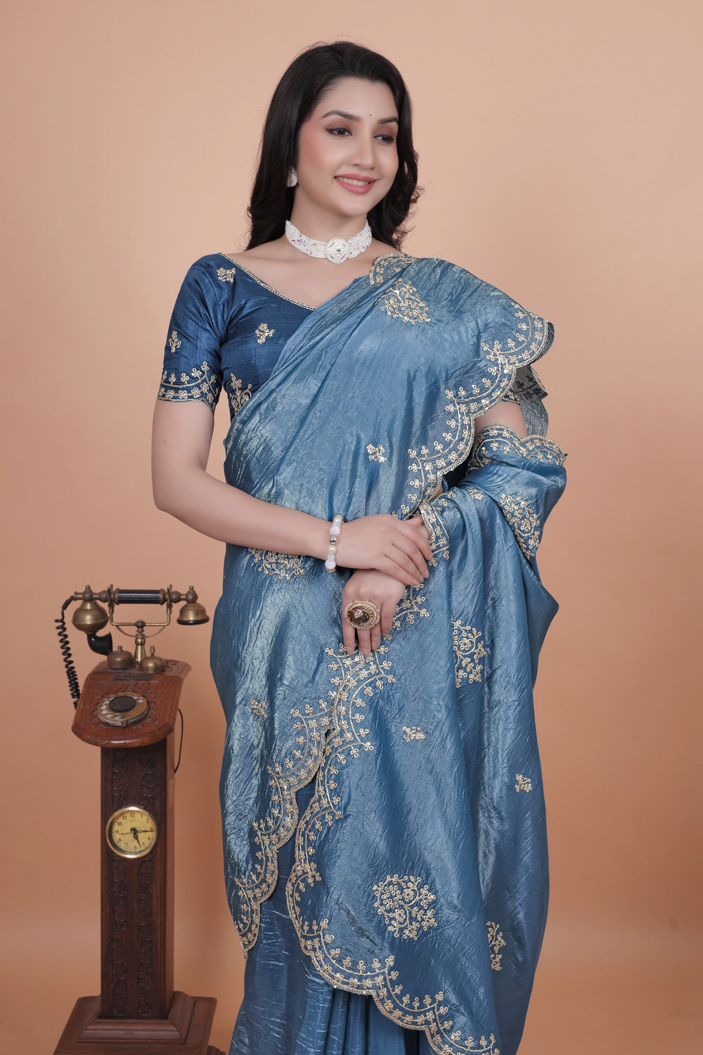 golden cording embroidery work Wedding Saree