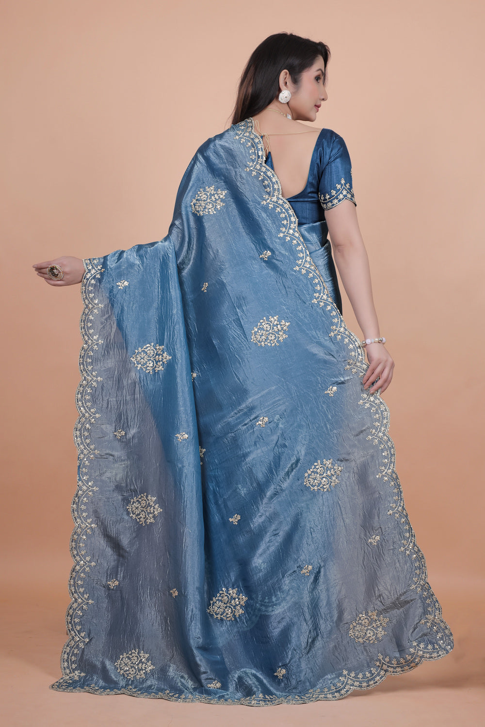 golden cording embroidery work Wedding Saree