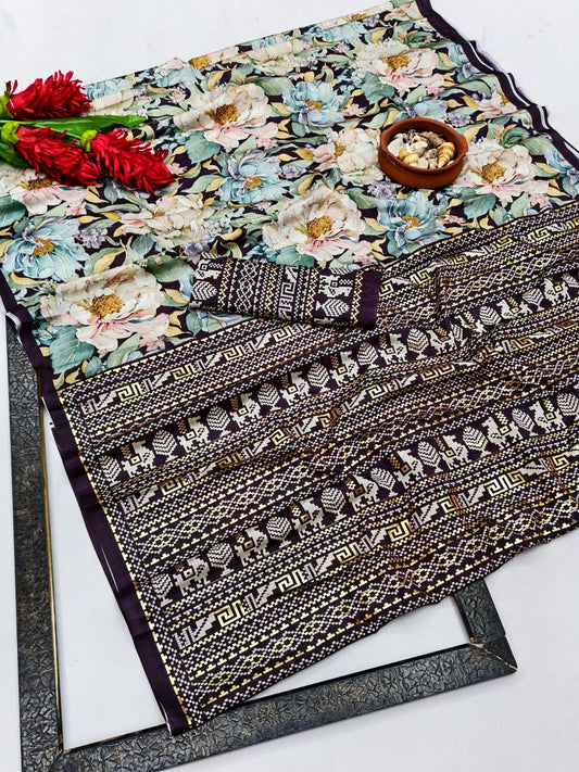 Premium Chinon Soft Silk  Saree with Foil Digital Floral Print