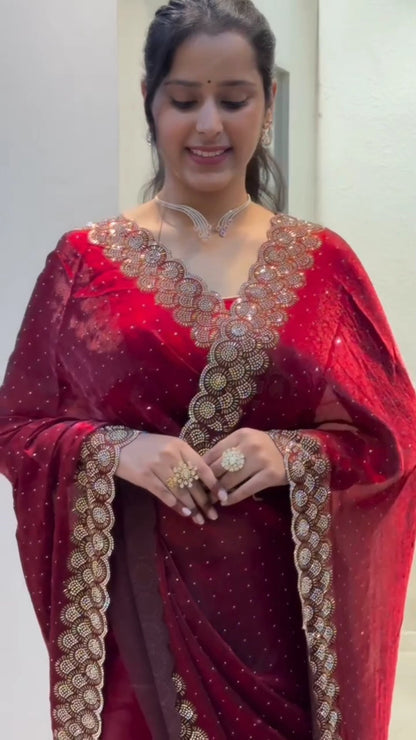 Space Silk Saree with Original Jarkhan Diamond Work