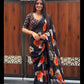Elegant Floral Printed Black Chiffon Saree