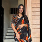 Elegant Floral Printed Black Chiffon Saree