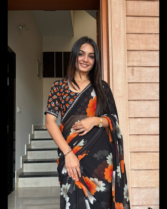 Elegant Floral Printed Black Chiffon Saree