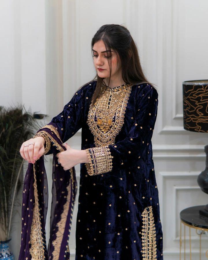 Launching New Party Wear Viscose Velvet Designer  Look Top-Dupatta and Fully Stiched Bottom With Heavy Embroidery Siquance Work - Lookcollection