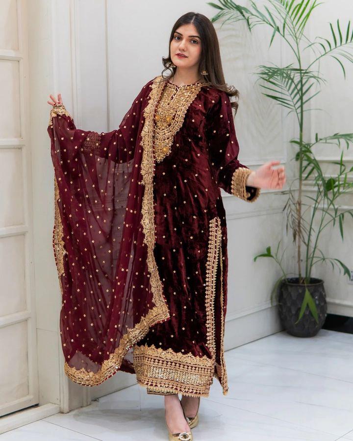 Launching New Party Wear Viscose Velvet Designer  Look Top-Dupatta and Fully Stiched Bottom With Heavy Embroidery Siquance Work - Lookcollection