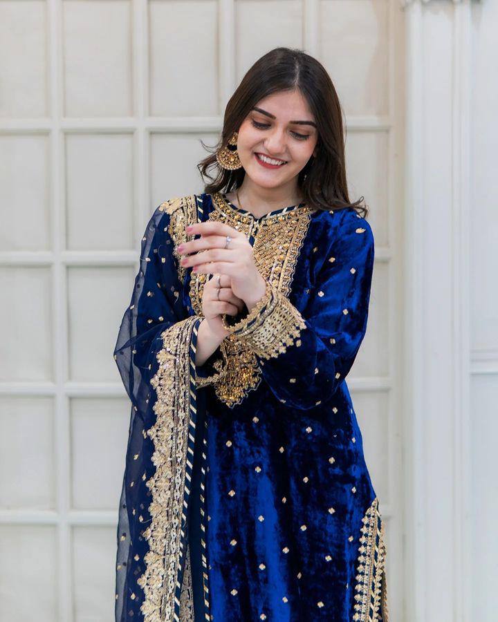 Launching New Party Wear Viscose Velvet Designer  Look Top-Dupatta and Fully Stiched Bottom With Heavy Embroidery Siquance Work - Lookcollection