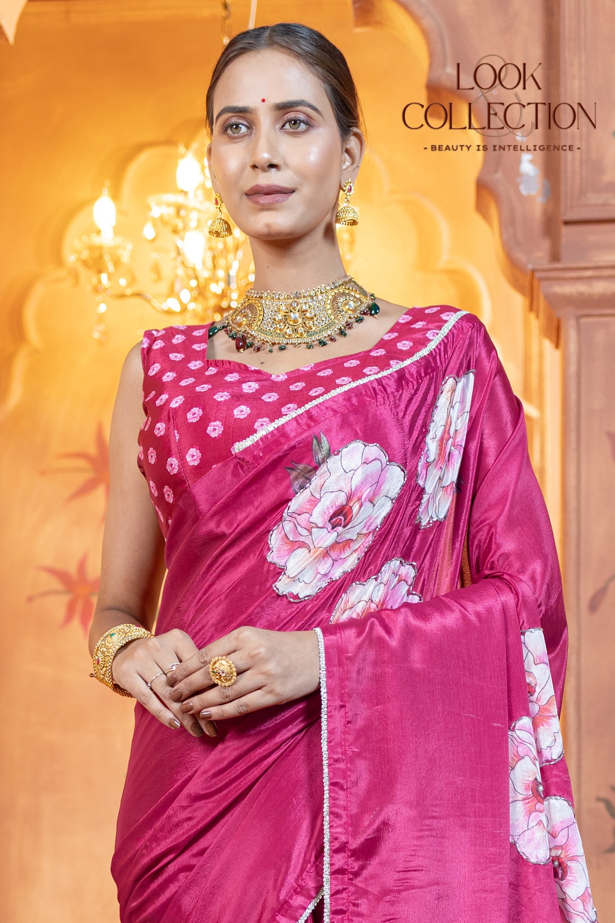 Floral Handwork Printed Pure Chinon fabric Saree