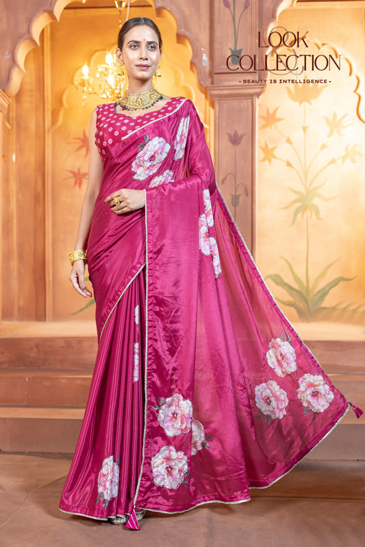 Floral Handwork Printed Pure Chinon fabric Saree