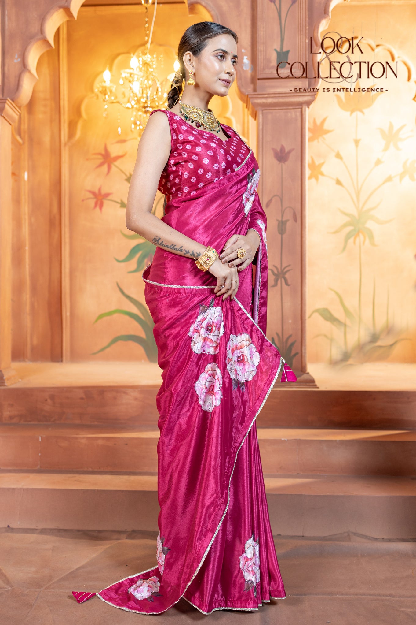 Floral Handwork Printed Pure Chinon fabric Saree