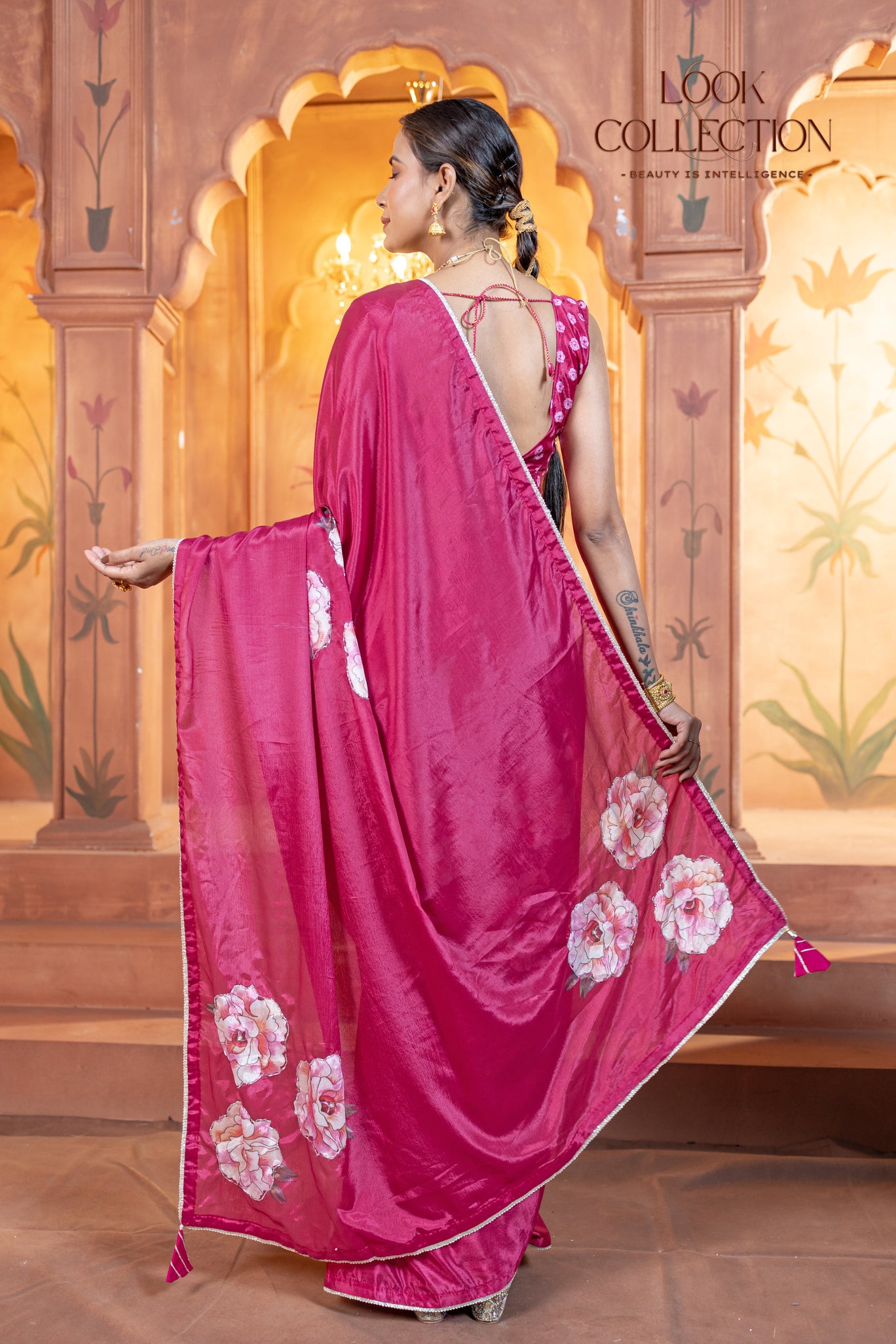 Floral Handwork Printed Pure Chinon fabric Saree