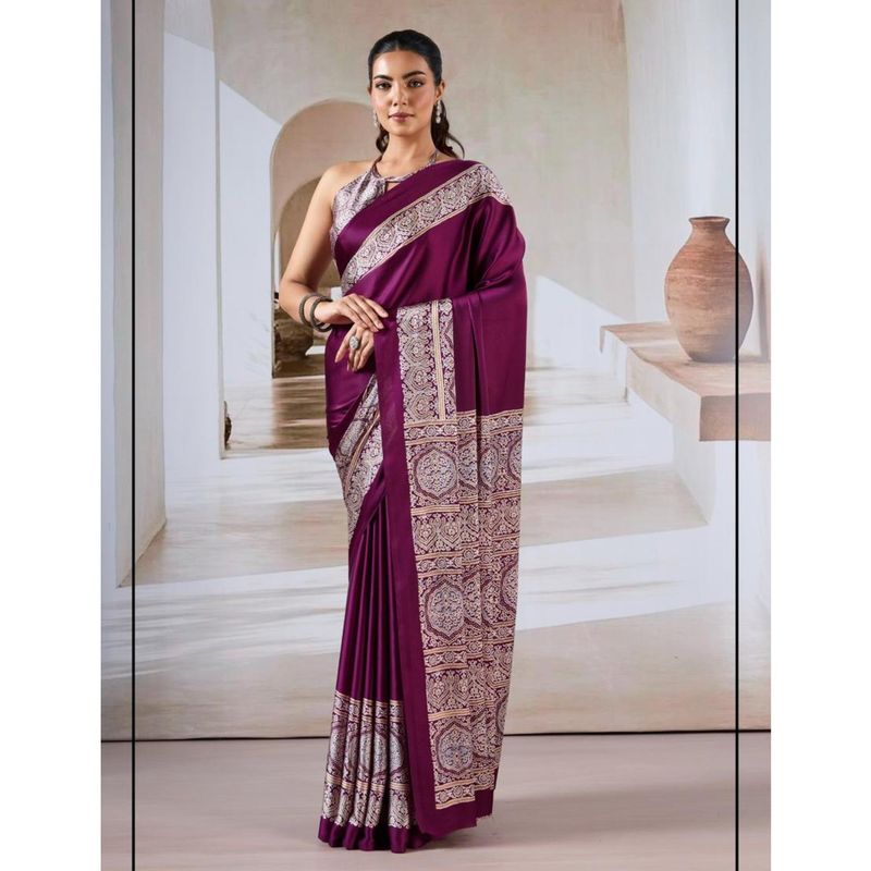 Premium Modal Satin Ajrakh Print Saree with Blouse