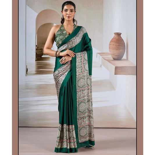 Premium Modal Satin Ajrakh Print Saree with Blouse