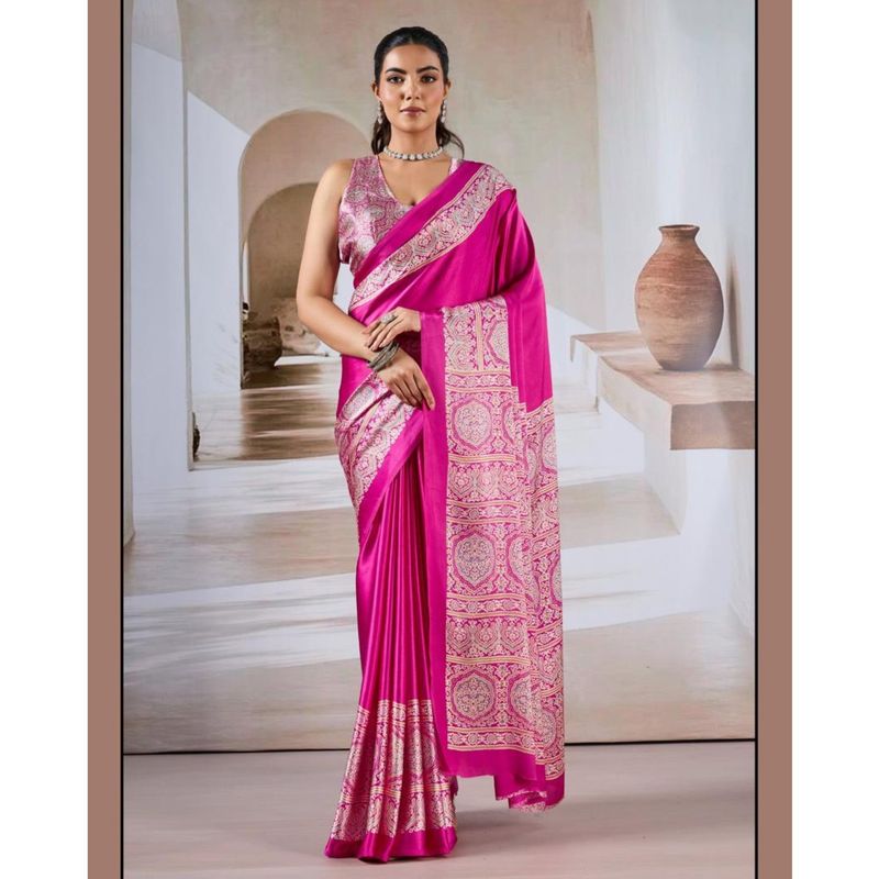 Premium Modal Satin Ajrakh Print Saree with Blouse