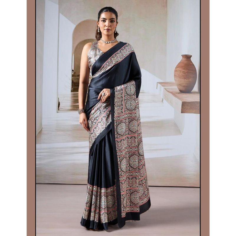 Premium Modal Satin Ajrakh Print Saree with Blouse