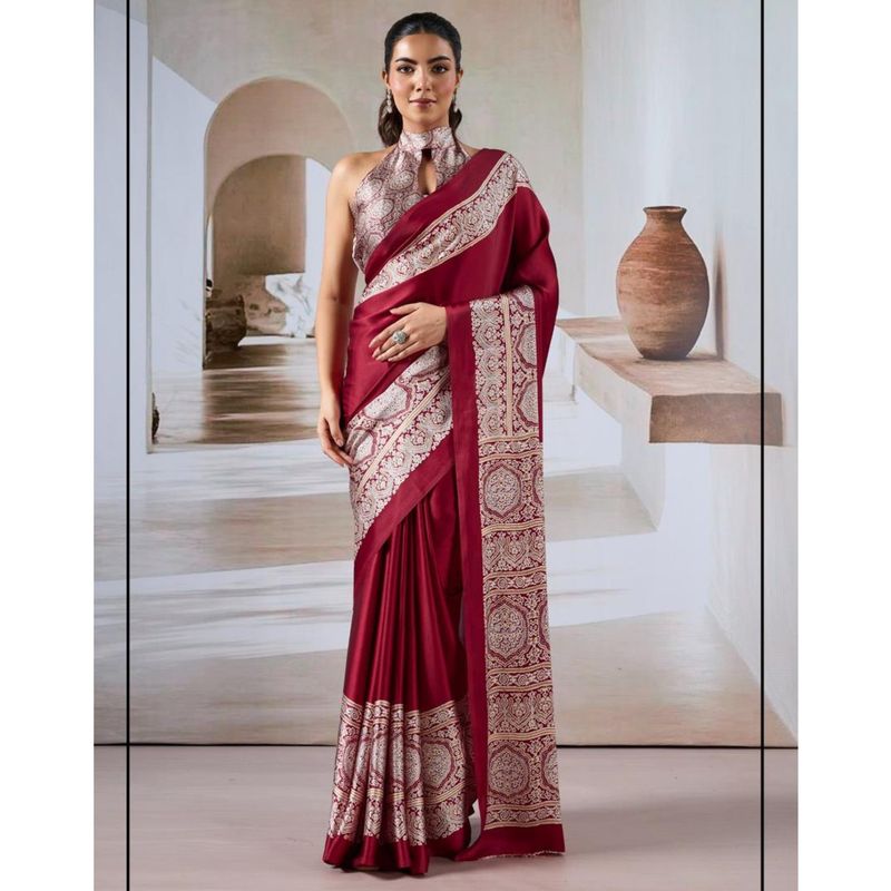 Premium Modal Satin Ajrakh Print Saree with Blouse
