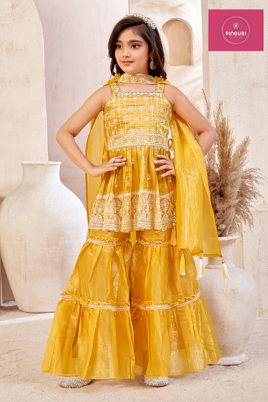 Girls Ethnic Sharara Set – hand and embroidery work on gold crush fabric