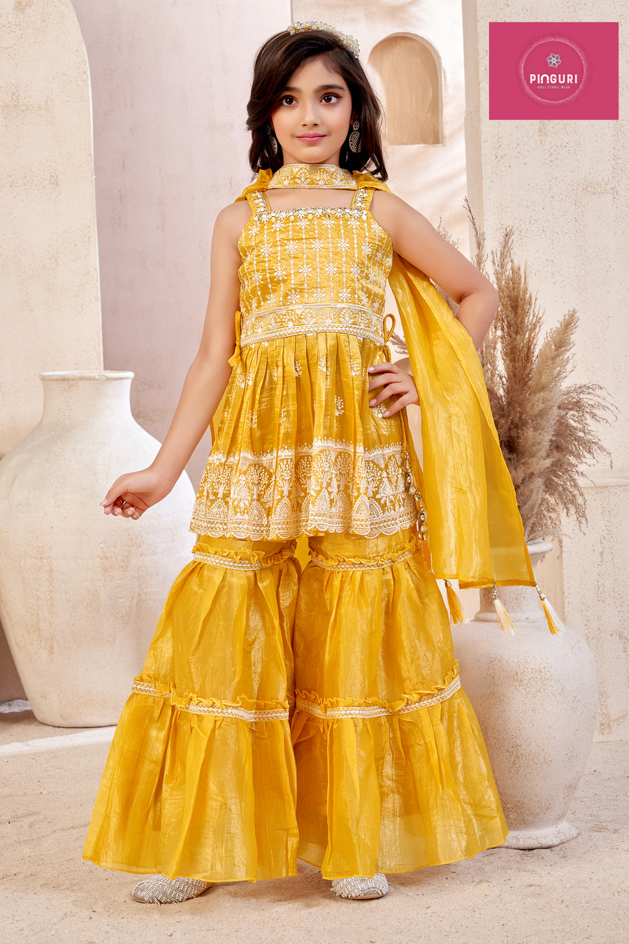 Girls Ethnic Sharara Set – hand and embroidery work on gold crush fabric