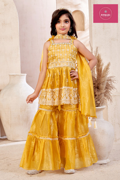 Girls Ethnic Sharara Set – hand and embroidery work on gold crush fabric