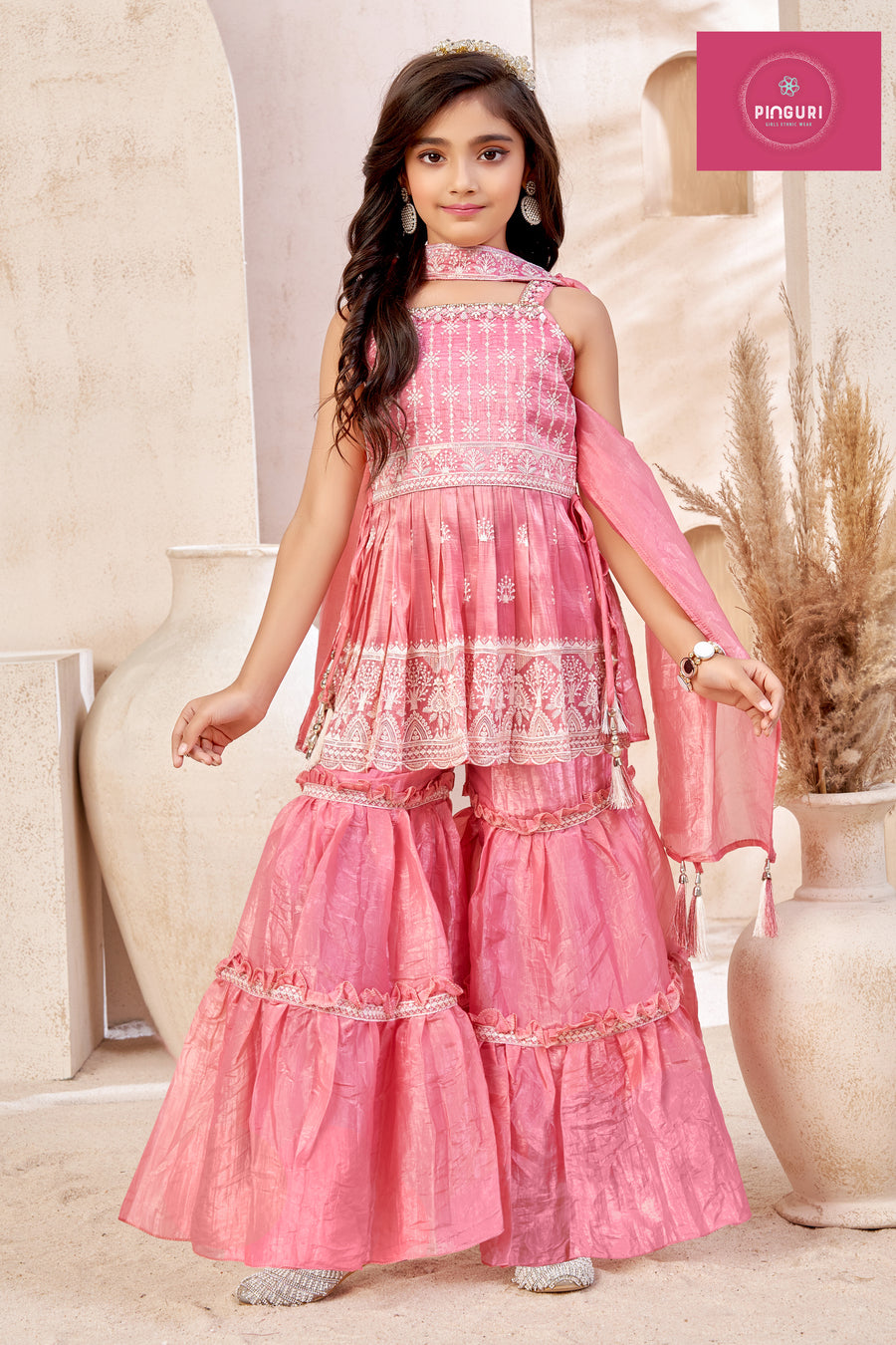 Girls Ethnic Sharara Set – hand and embroidery work on gold crush fabric