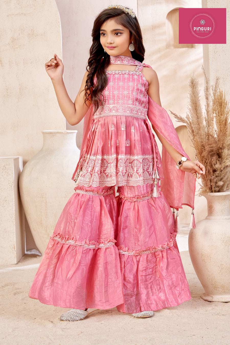 Girls Ethnic Sharara Set – hand and embroidery work on gold crush fabric