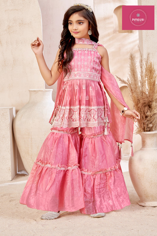 Girls Ethnic Sharara Set – hand and embroidery work on gold crush fabric