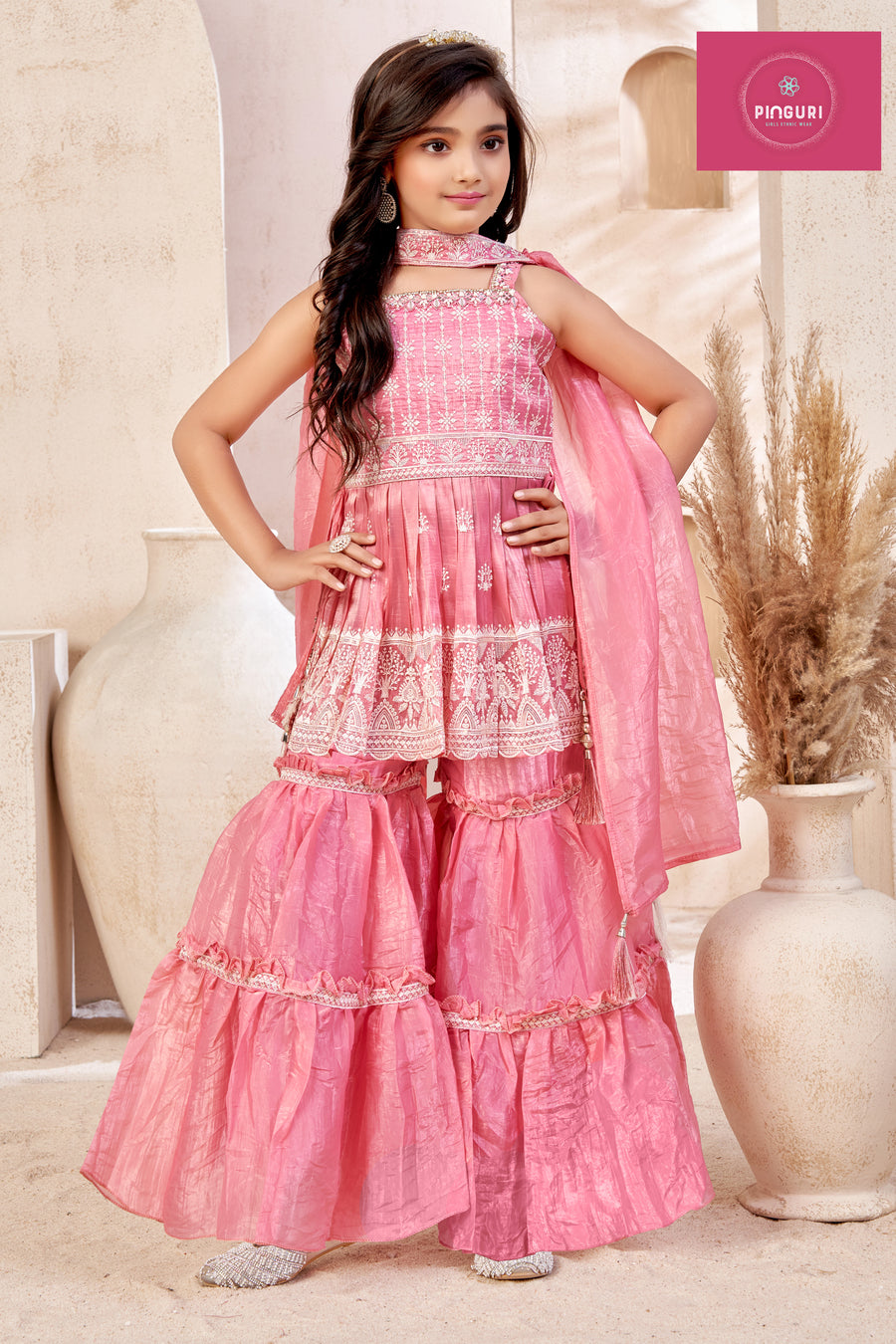 Girls Ethnic Sharara Set – hand and embroidery work on gold crush fabric