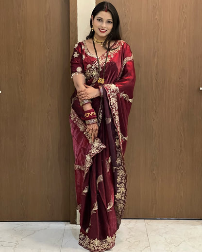 Premium Fendy Satin Sequin Saree Luxury Embroidery