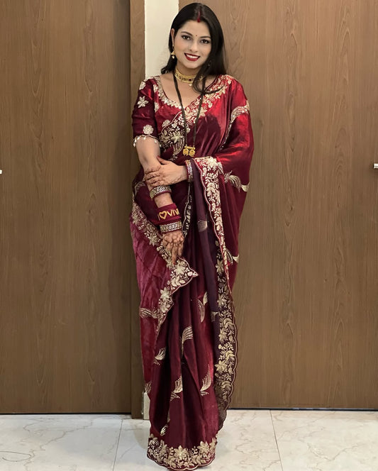 Premium Fendy Satin Sequin Saree Luxury Embroidery