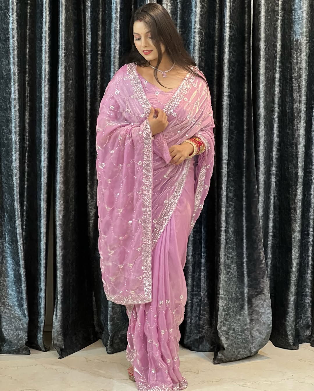 Space Satin Dual Shade Saree with Tone-to-Tone Bead Work