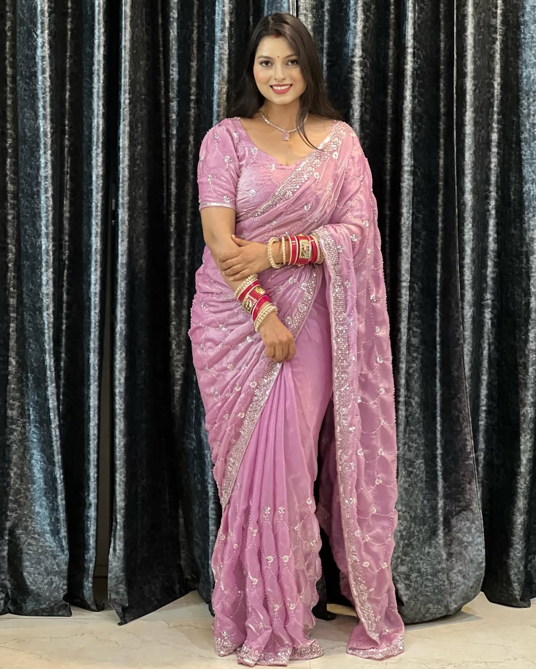 Space Satin Dual Shade Saree with Tone-to-Tone Bead Work