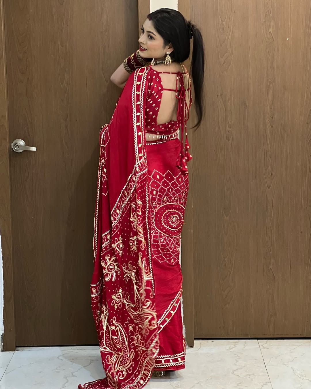 Vichitra Silk Bandhej Saree With Kacchi Gotapatti Work