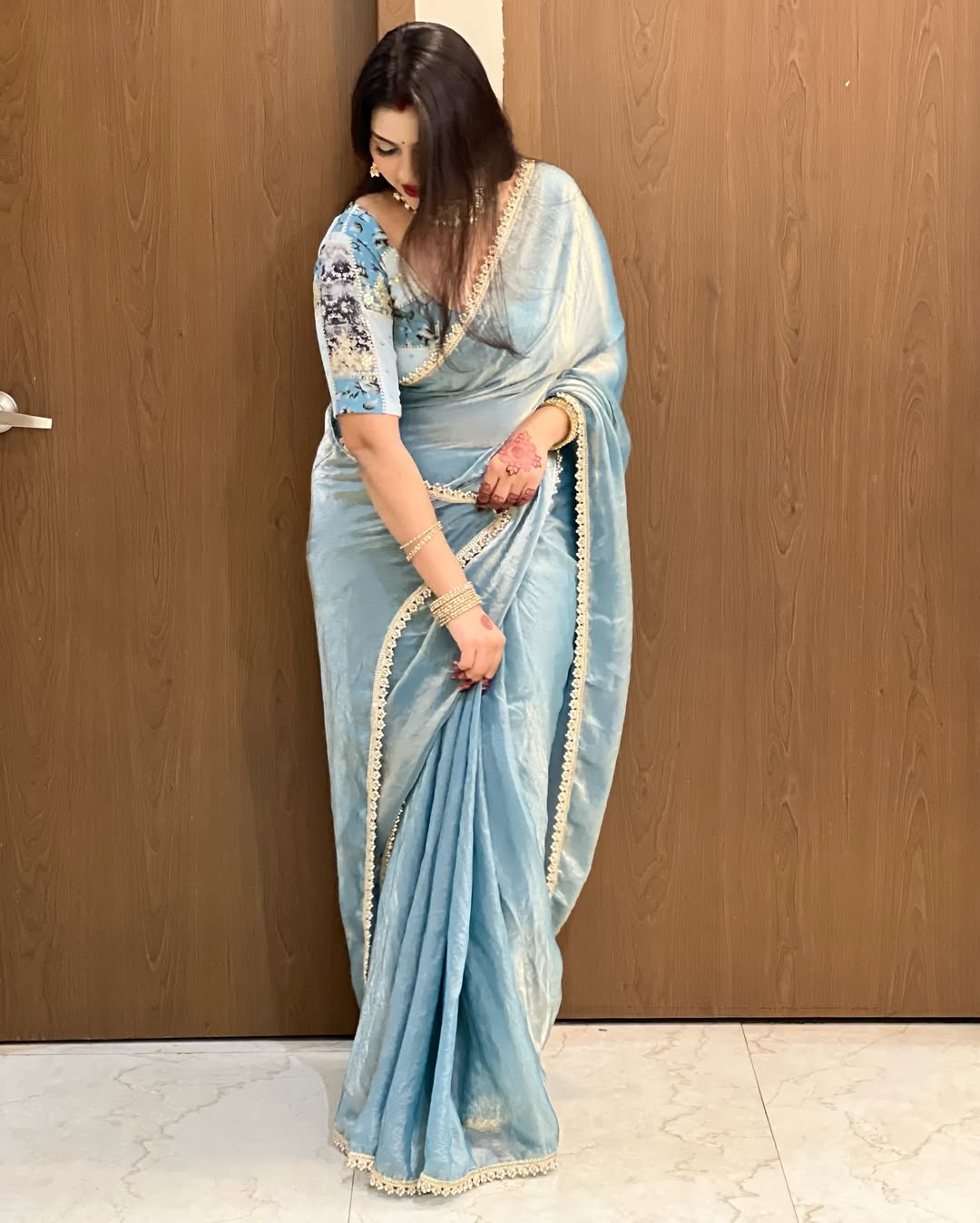 Fendy Silk Saree with Stone Lace Border & Embroidered Chinnon Blouse