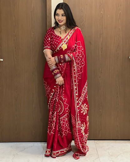 Vichitra Silk Bandhej Saree With Kacchi Gotapatti Work