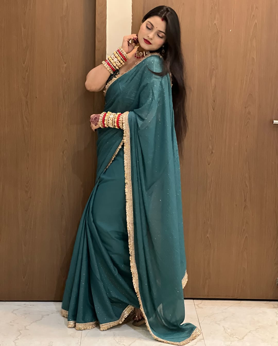 Soft Star Georgette Saree with Jarkan Dot Work & Multicolour Lace