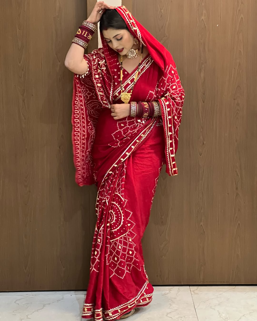 Vichitra Silk Bandhej Saree With Kacchi Gotapatti Work