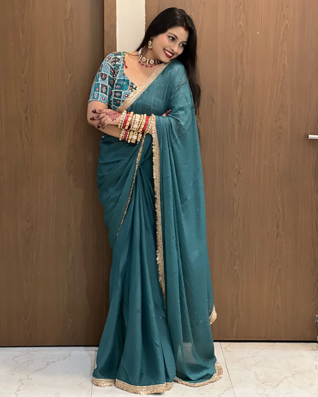 Soft Star Georgette Saree with Jarkan Dot Work & Multicolour Lace