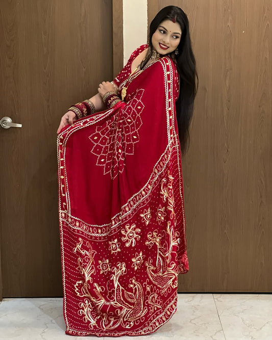 Vichitra Silk Bandhej Saree With Kacchi Gotapatti Work