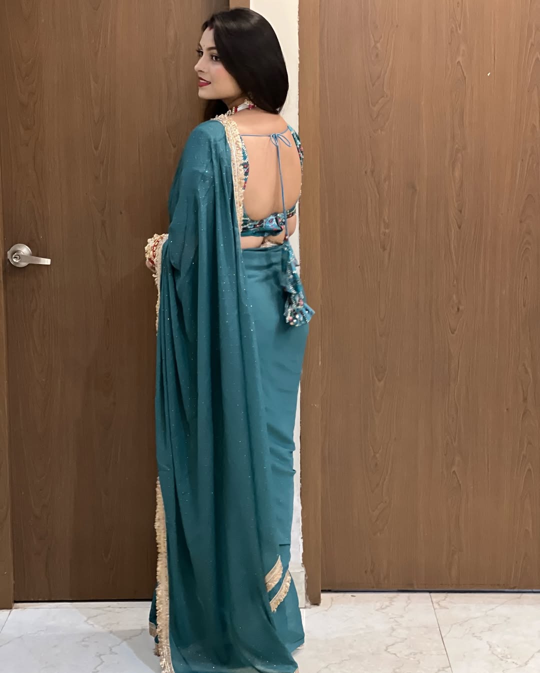 Soft Star Georgette Saree with Jarkan Dot Work & Multicolour Lace