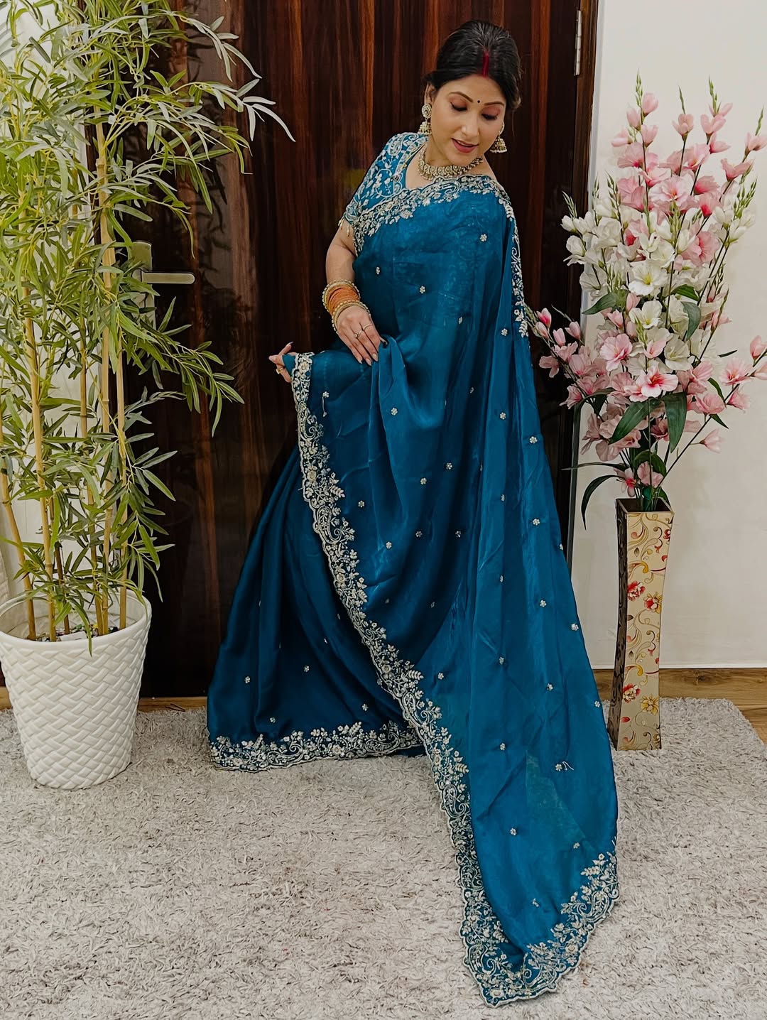 Luxe Fendy Satin Saree with 3mm Sequin Embroidery & Heavy Border
