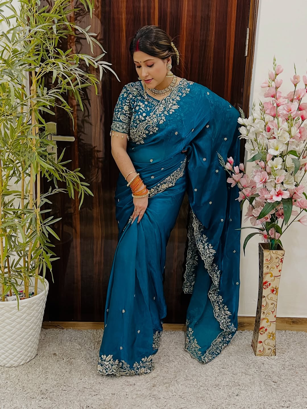 Luxe Fendy Satin Saree with 3mm Sequin Embroidery & Heavy Border