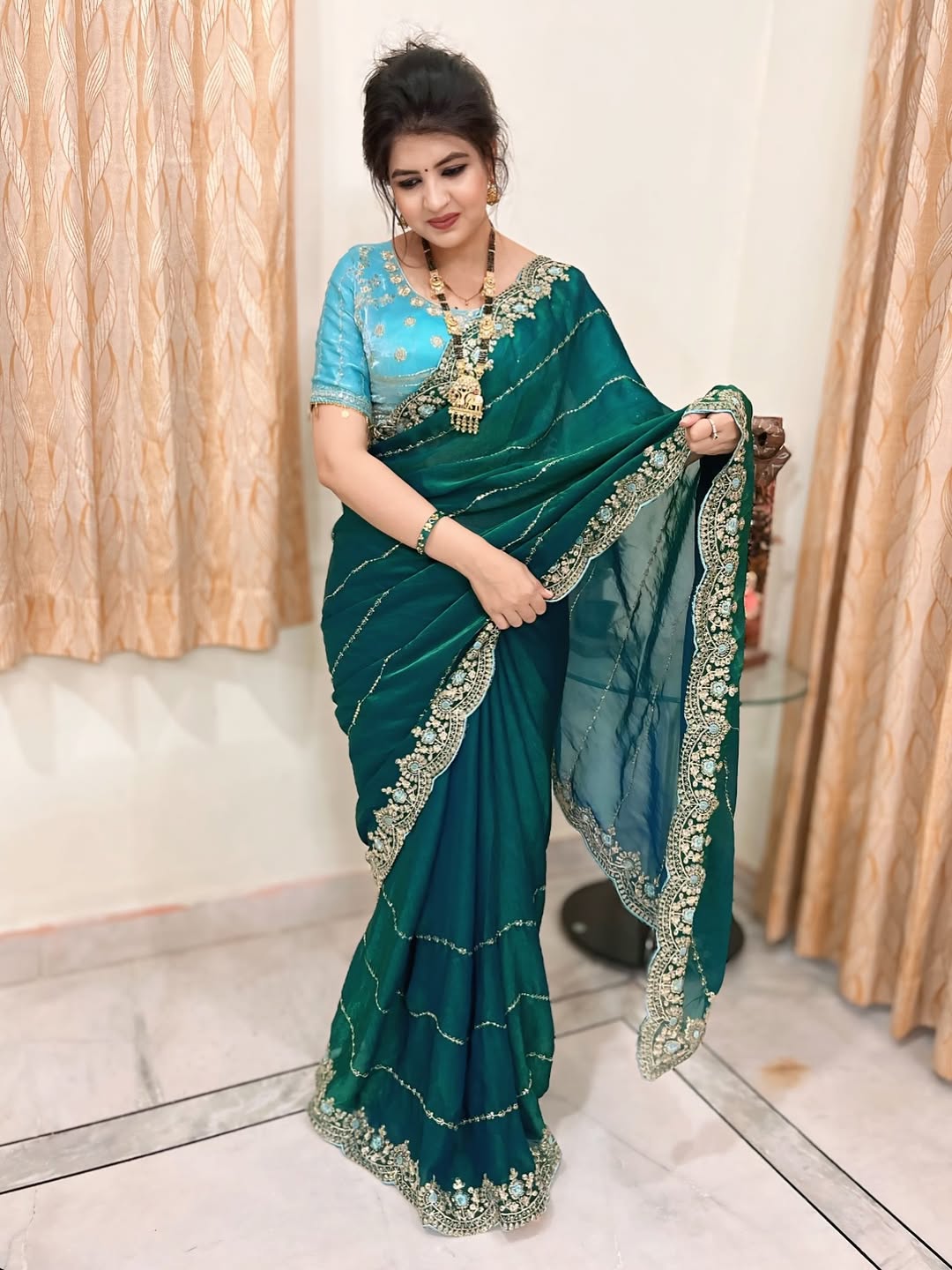 Soft And Elegant Fendy Sartin Fabric Saree With Beautiful Stiched Blouse