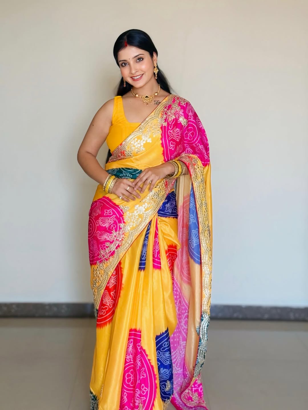 Premium Shiny Silk Saree with Bandhni Blouse