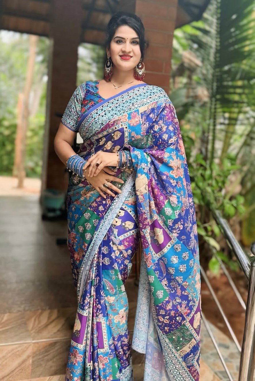Designer Printed Chinnon Saree with Handcrafted Mirror & Zari Detailing