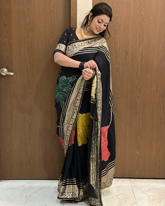 Celebrity Style Dola Silk Saree with Hand Dyeing & Elegant Tassels