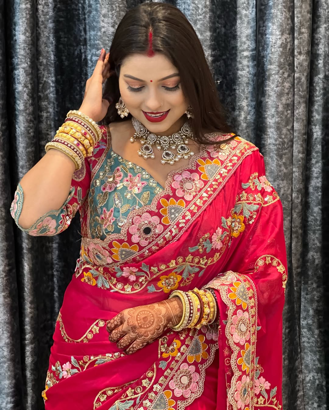 Royal Pink Rangoli Silk Partywear Saree with Embroidered Banglori Blouse